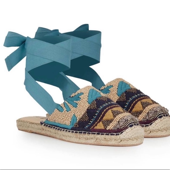 SAM EDELMAN Karolyn Beaded India Blue Lace-Up Espadrilles 9 - Picture 1 of 8
